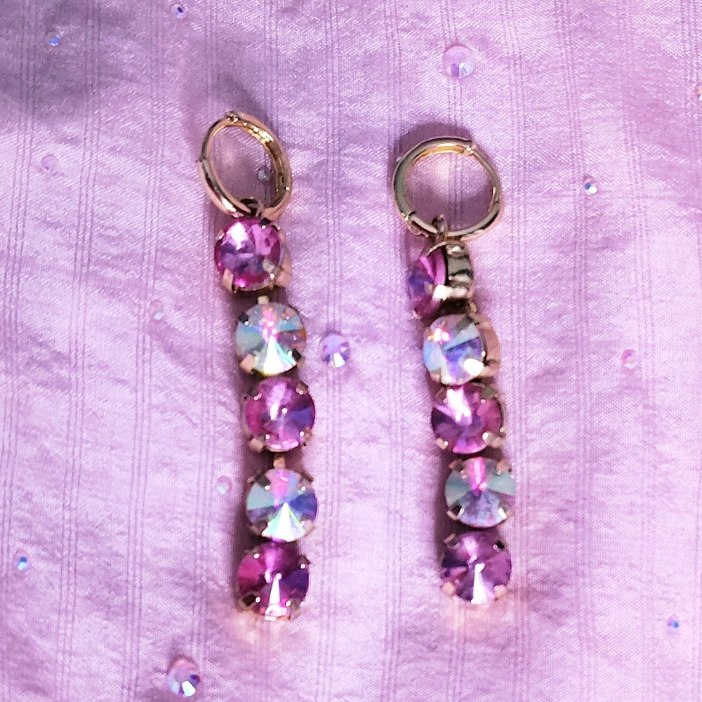 Stunning Pink & AB Crystal Drop Huggie Earrings - Picture 2 of 5